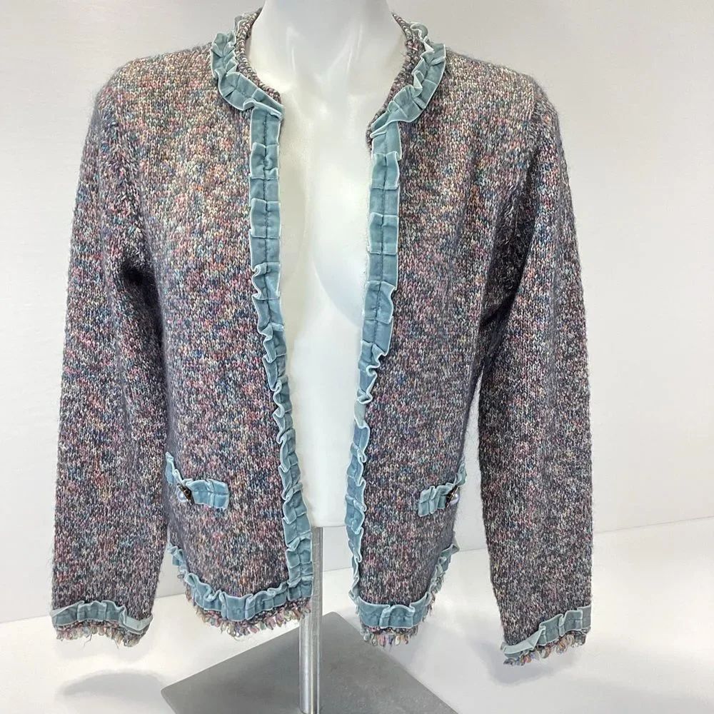 Curio Brand Mohair Sweater Multicolor Tweed Style Cardigan Blue Velvet Accents L